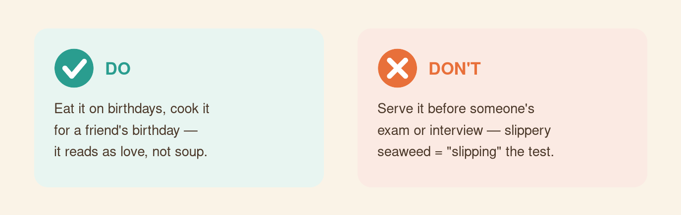 Do eat seaweed soup on birthdays, don't serve it before exams in Korea